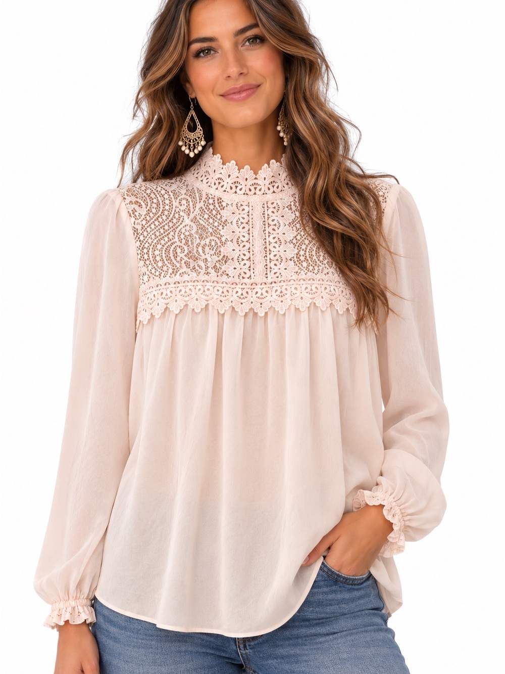 BCX Light Pink Blush Lace Yoke Long Sleeve Blouse